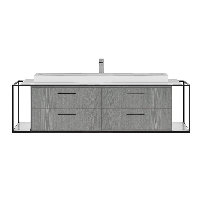 Cabinet of wall-mount under-counter vanity LIN-VS-60B with four drawers (pulls included), metal frame,  solid surface countertop and shelf. W: 47", D: 21", H: 15".