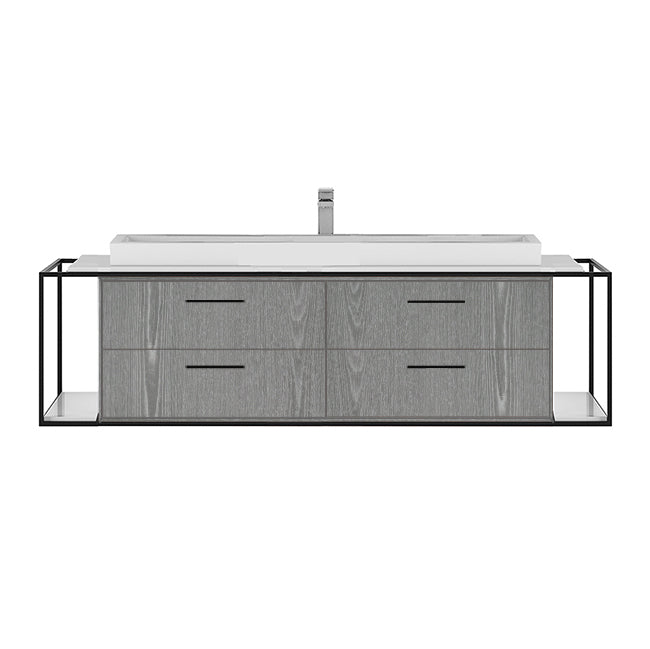 Cabinet of wall-mount under-counter vanity LIN-VS-60B with four drawers (pulls included), metal frame,  solid surface countertop and shelf. W: 47", D: 21", H: 15". - Maison&Co.