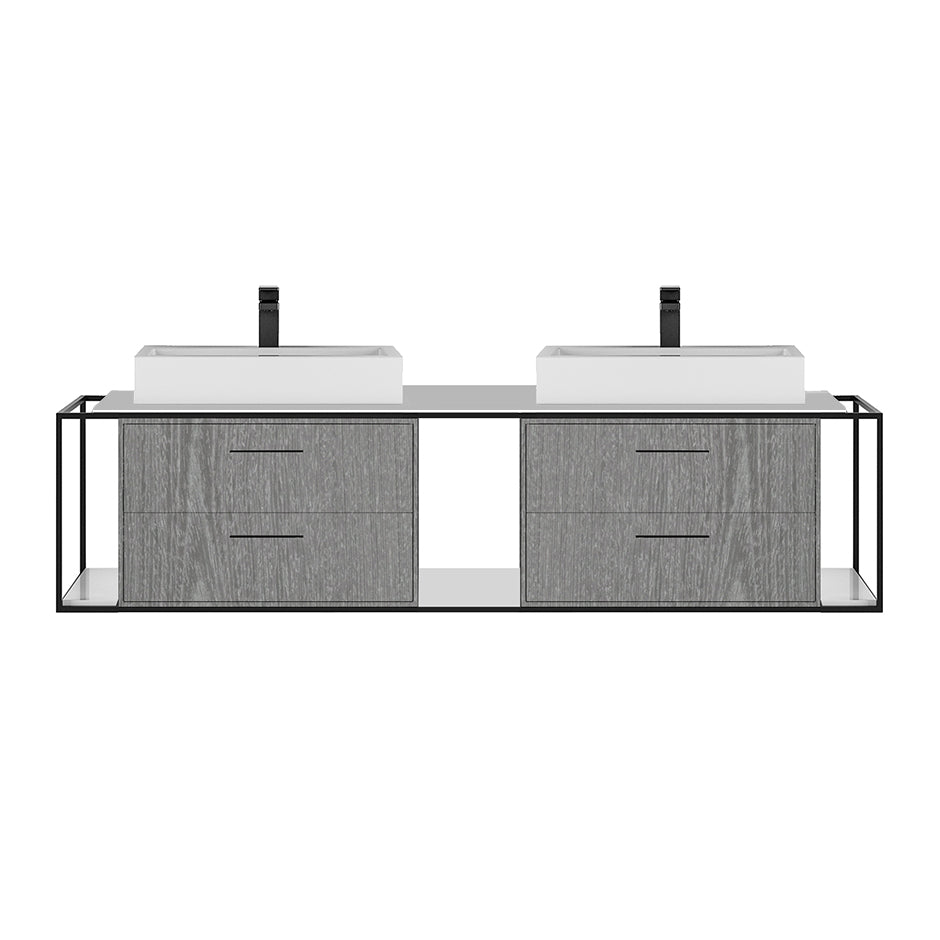 Cabinet of wall-mount under-counter vanity LIN-VS-72A with four drawers (pulls included), metal frame,  solid surface countertop and shelf. W: 59", D: 21", H: 15".