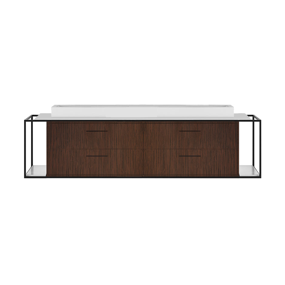 Cabinet of wall-mount under-counter vanity LIN-VS-72B with four drawers (pulls included), metal frame,  solid surface countertop and shelf. W: 59", D: 21", H: 15".