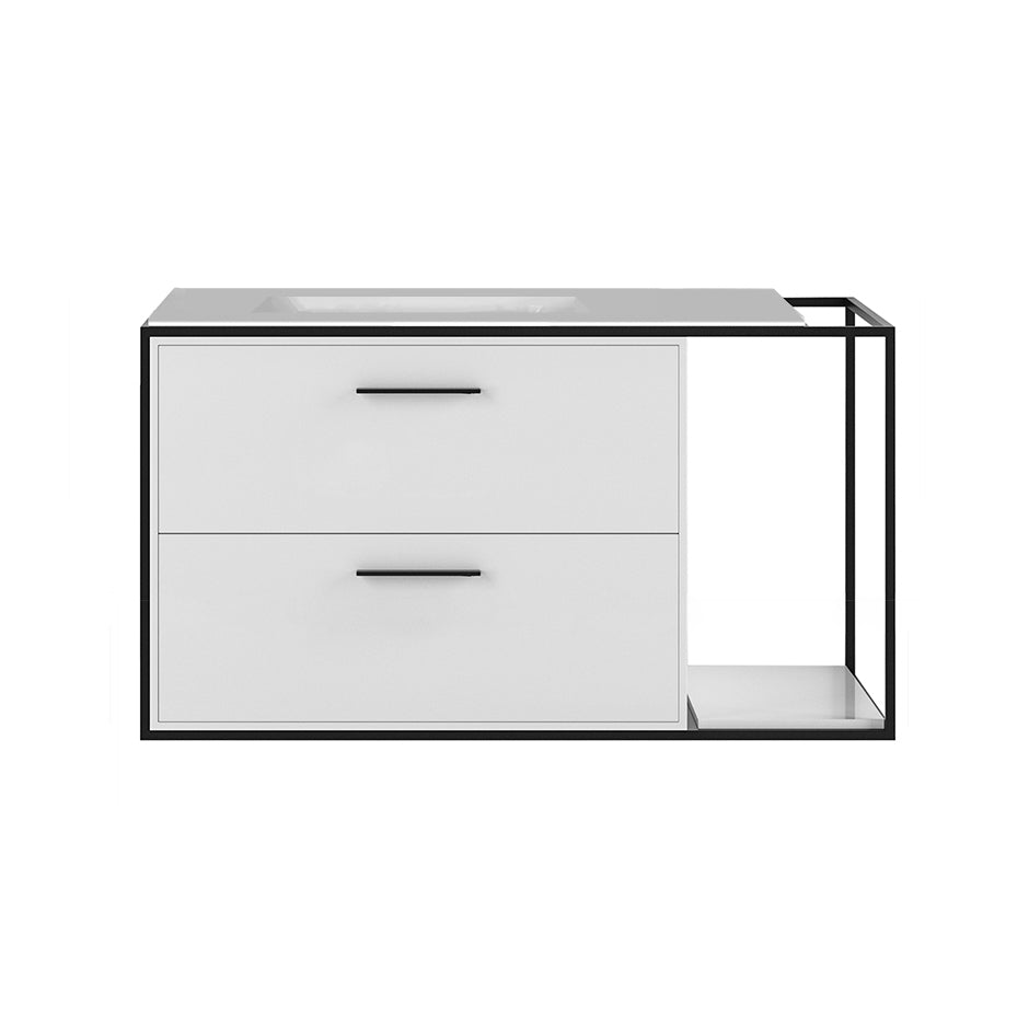 Cabinet of wall-mount under-counter vanity LIN-UN-36L with sink on the left,  two drawers (pulls included), metal frame,  solid surface countertop and shelf. W: 26", D: 21", H: 19". - Maison&Co.