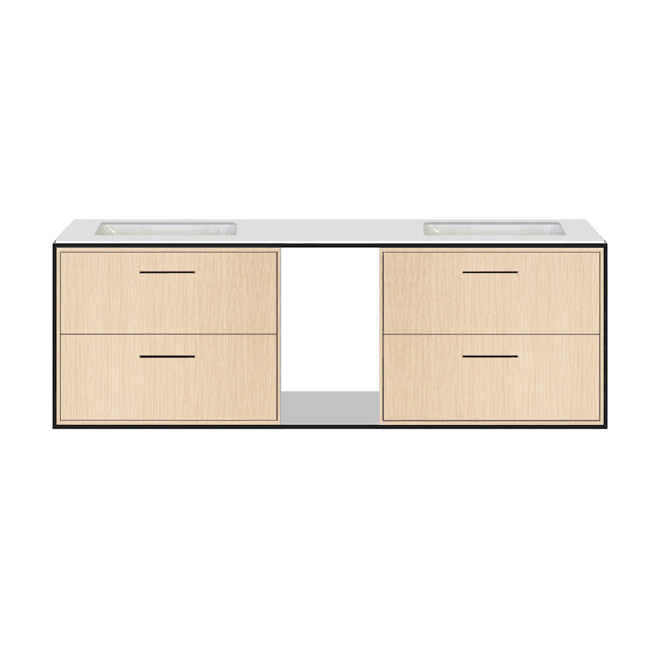 Cabinet of wall-mount under-counter vanity LIN-UN-60A with four drawers (pulls included), metal frame,  solid surface countertop and shelf. W: 59", D: 21", H: 19". - Maison&Co.