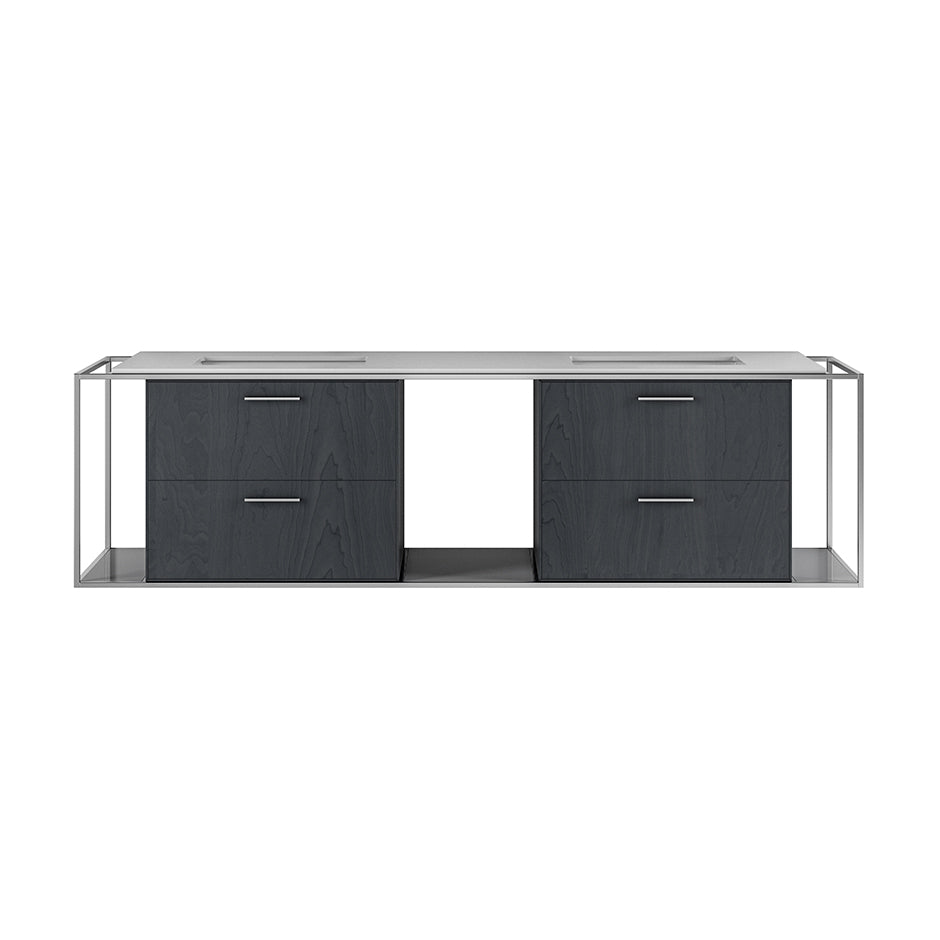 Cabinet of wall-mount under-counter vanity LIN-UN-72A with four drawers (pulls included), metal frame,  solid surface countertop and shelf. W: 59", D: 21", H: 19". - Maison&Co.