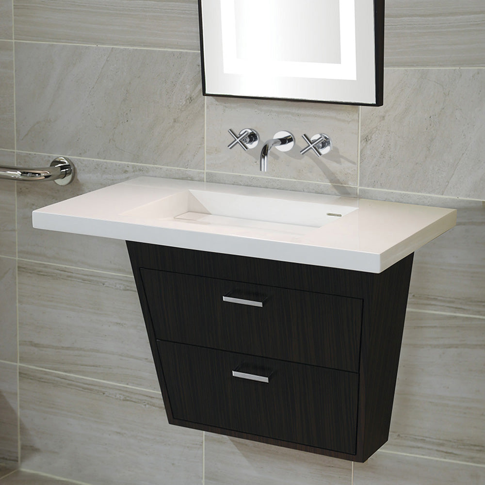 Wall-mount vanity with two flip-down doors (pull installed upon request); ADA compliant. Sink top 5301 or 5301S sold separately. Add on keyed lock (ACC-LOCK) available. W:25-3/4", D: 10", H: 20". Wenge - Maison&Co.