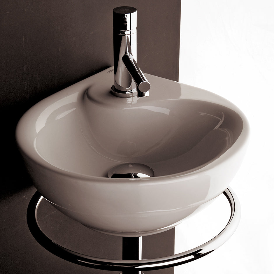 Wall-mount porcelain Bathroom Sink with one faucet hole and an overflow. It can be mounted from left side of faucet deck only. Unfinished back. It is not a corner Bathroom Sink. 13 1/2"W, 13 1/2"D, 5 3/4"H. Towel bar MI055 sold separately. - Maison&Co.