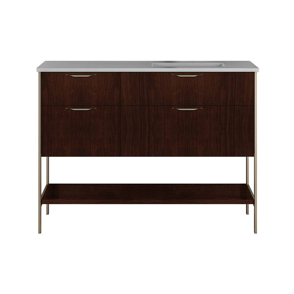 Cabinet of free standing under-counter vanity with three drawers, bottom wood shelf and metal frame (pulls included). Sink on the right.  W: 46 1/2", D: 21 3/4", H: 17 3/4". - Maison&Co.