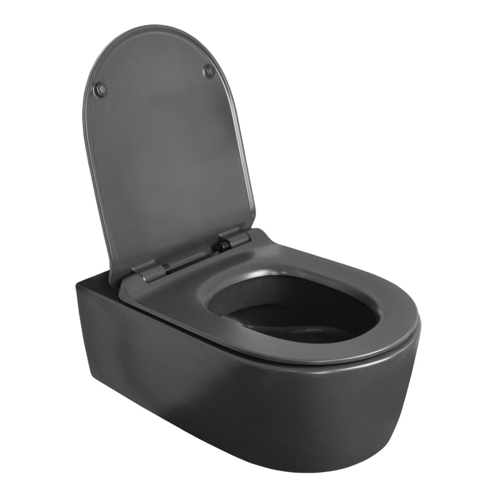 Wall-hung porcelain toilet for concealed flushing system ( Geberit #GE 111335005). Includes a soft-closing seat cover. W: 14 5/8", D: 19 3/4", H: 15 1/2". - Maison&Co.