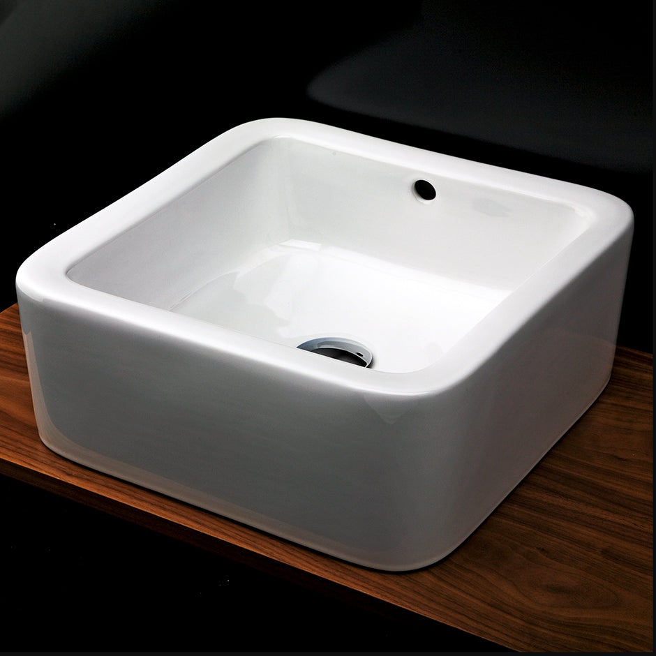 Vessel porcelain Bathroom Sink with an overflow, finished back. 16 3/8"W, 16 3/8"D, 6 1/2"H.