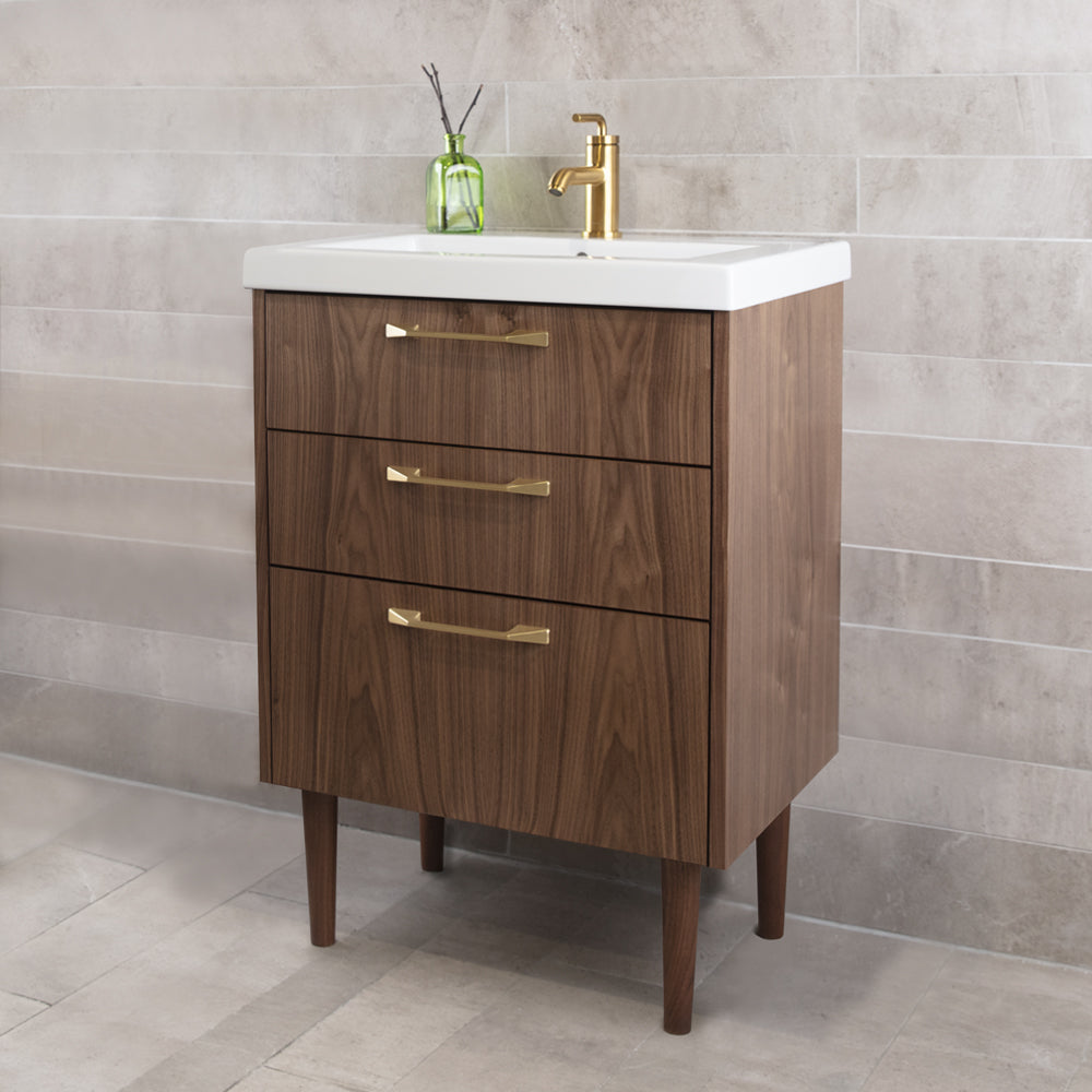 Floor standing vanity with three drawers. K160 cabinet pull included, specify finish. Vanity top sink 5211 sold separately, 23"W x 17-5/8"D x 24-1/4"H