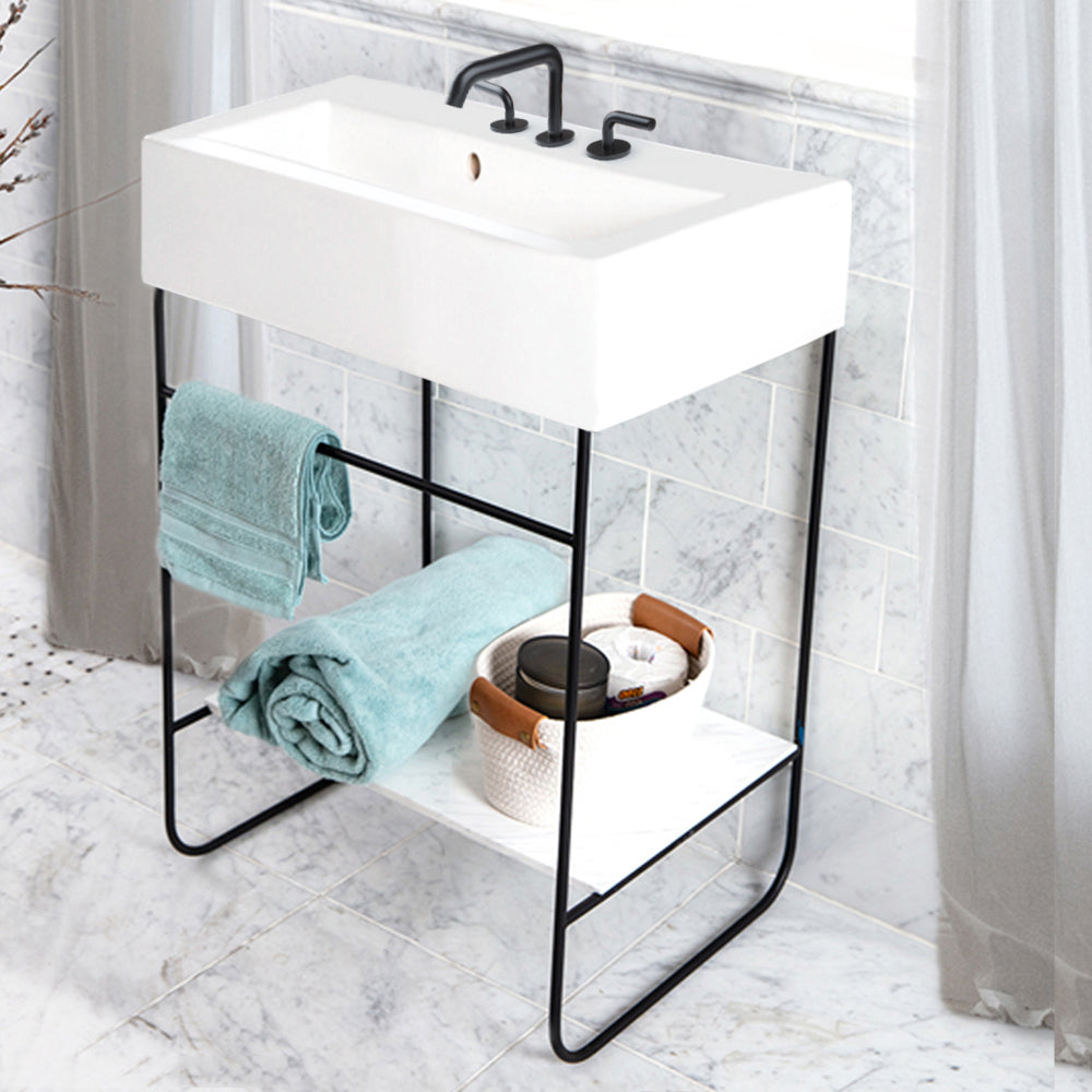 Floor-standing welded metal console stand with a towel bar and shelf. It must be attached to wall. Sink 5464 or vessel sink with countertop SUA-25T sold separately. W: 22-3/4", D: 18-1/8", H: 29". Matte Black