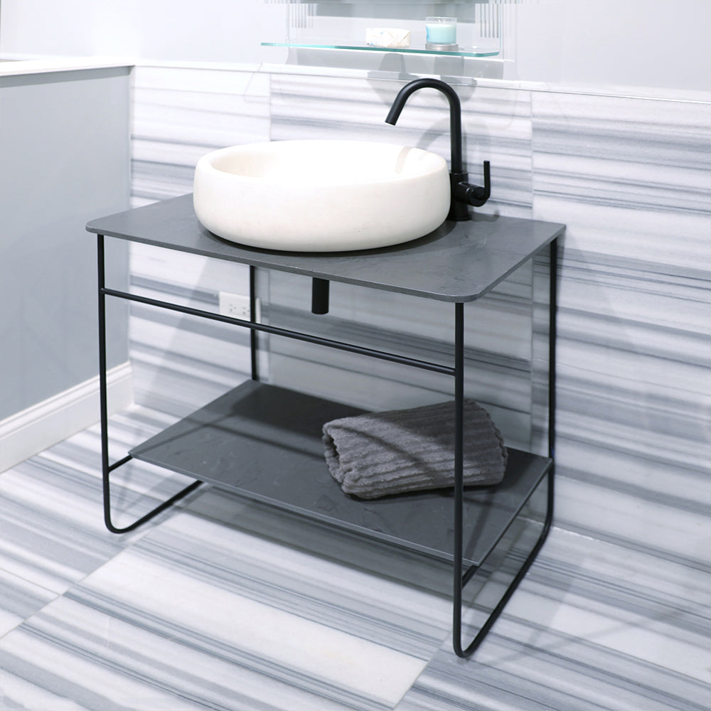 Floor-standing welded metal console stand with a towel bar and shelf. It must be attached to wall. Vessel sink with countertop SUA-36T sold separately. W: 33-3/4", D: 18-1/8", H: 29". Matte White
