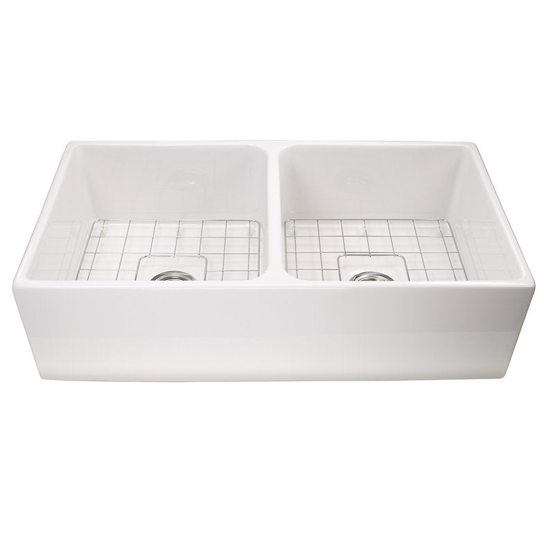 36" Double Bowl White Farmhouse Fireclay Kitchen Sink w/ Grids & Drains