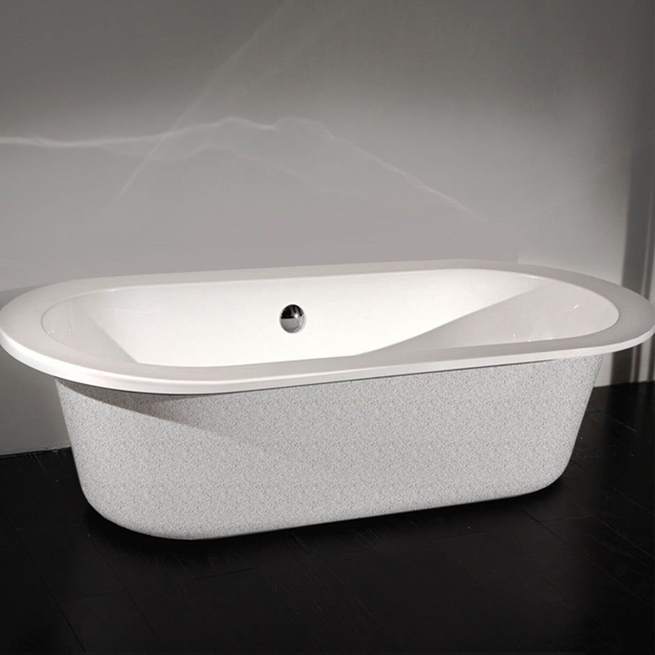 Under-counter or self-rimming soaking bathtub made of lucite acrylic, with an overflow, unfinished exterior,net weight 66lbs, water capacity 83 gal. Drain is not included. 67"W, 31 1/2"D, 21 5/8"H.
