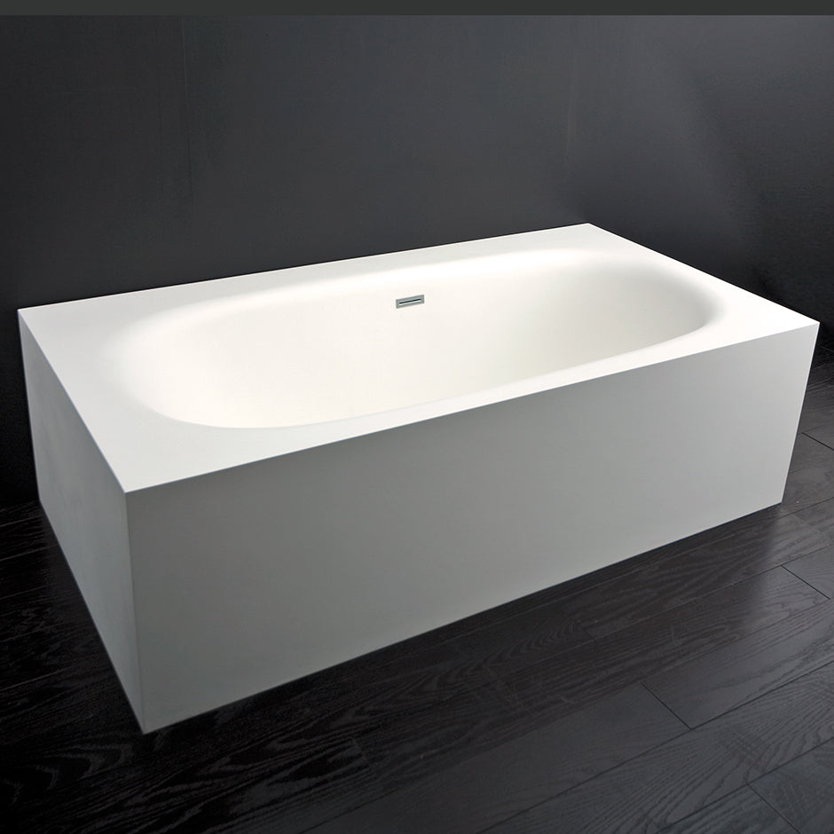 Free-standing soaking bathtub made of white solid surface with an overflow, net weight 507 lbs, water capacity 73 gal. Decorative solid surface drain and adjustable feet are included. 70 7/8"W, 36 5/8"D, 21 5/8"H.