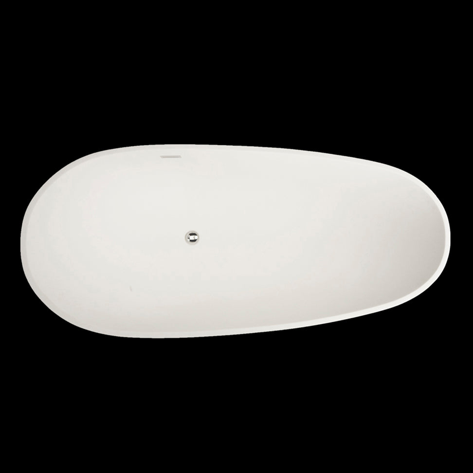 Free-standing soaking bathtub made of white solid surface with an overflow and polished chrome drain, net weight 232lbs. Water capacity 87 gal.W: 70 7/8”D: 32 1/4” H: 20 1/4”