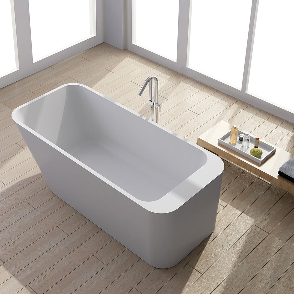 Free standing soaking bathtub made of white solid surface with overflow and solid surface pop up drain water capacity 84.5 gal  W: 67 1/2", D: 29 1/2", H: 21 1/2", NET 330 LBS