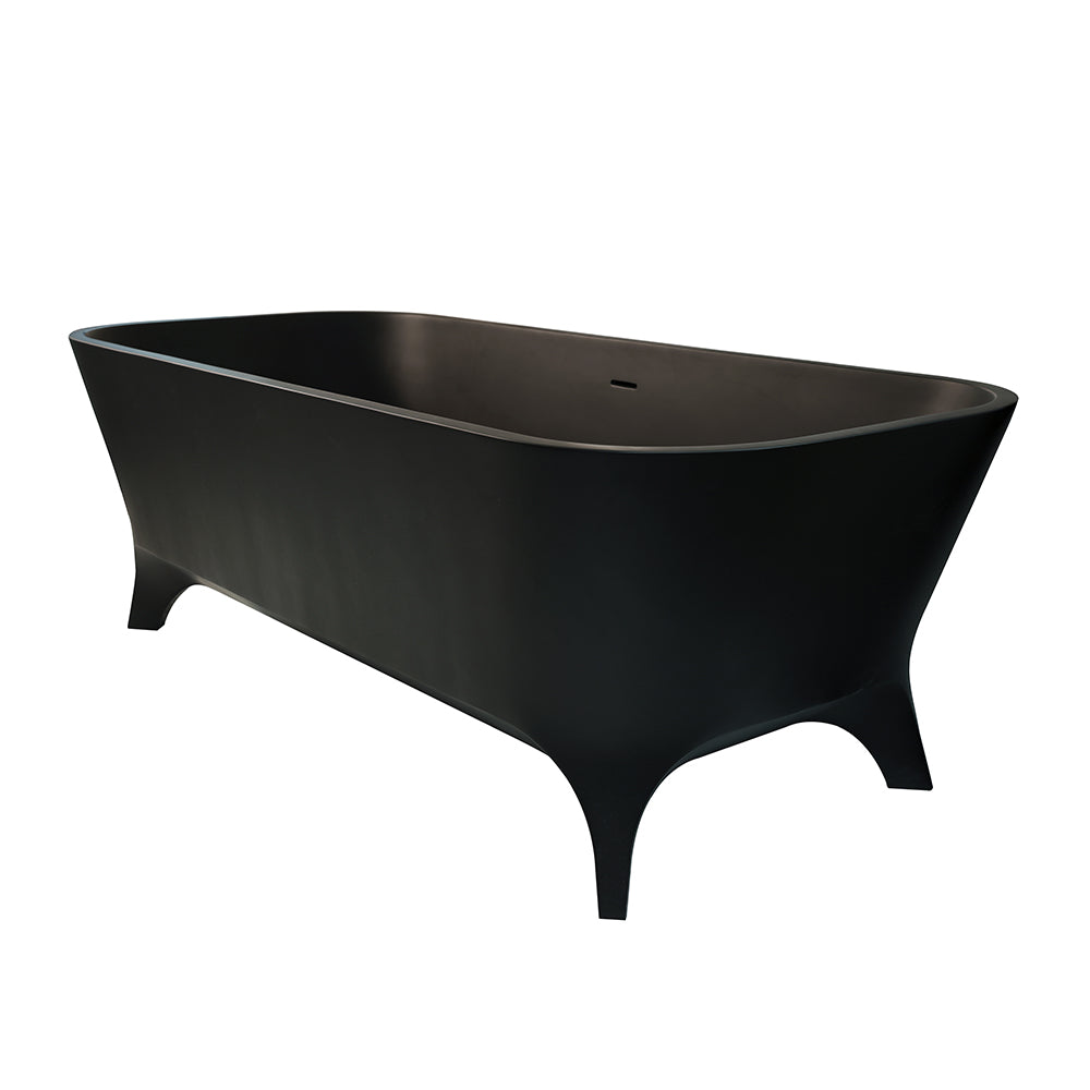 Free-standing soaking bathtub made of white solid surface with an overflow and a decorative solid surface drain; net weight 408 lbs, water capacity 91 gal. W: 70 7/8", D: 31 1/2", H: 23 5/8".