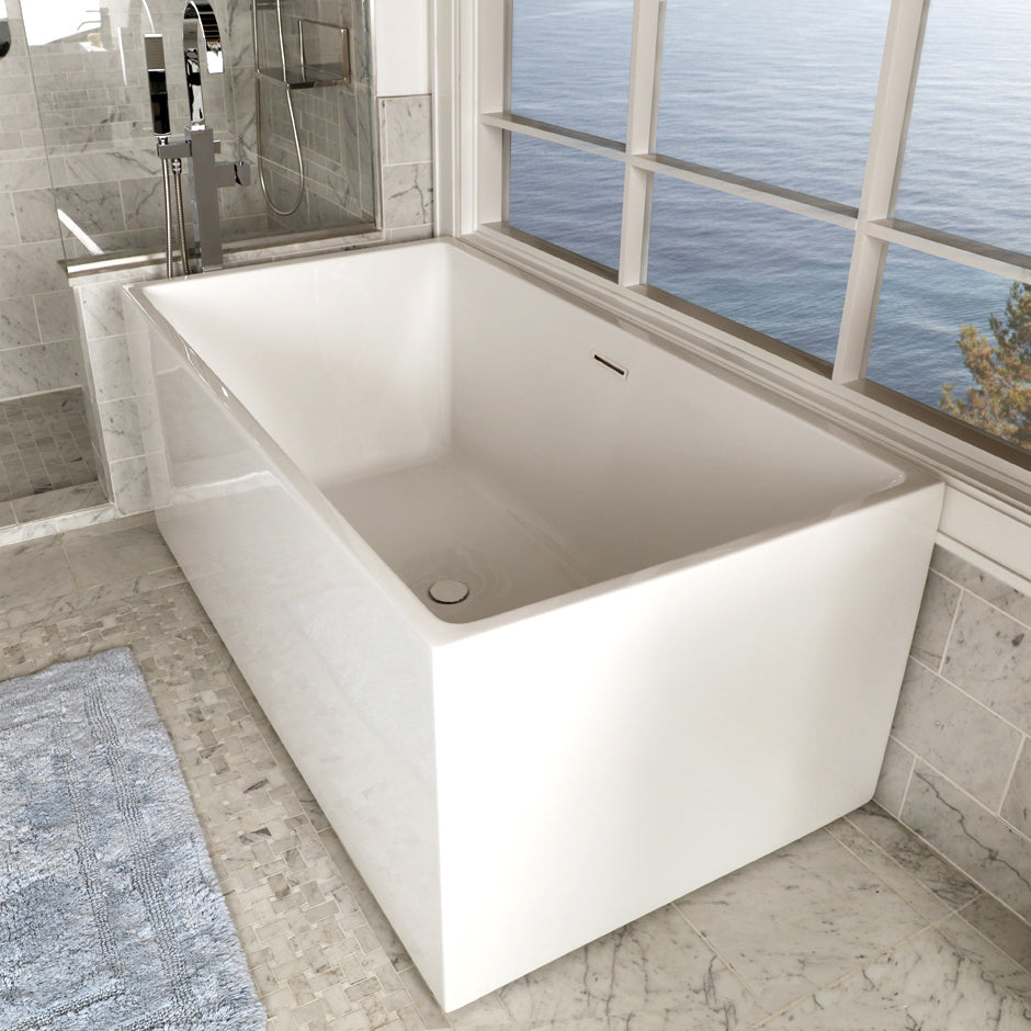 Free-standing soaking bathtub made of luster white acrylic with an overflow and polished chrome drain, net weight 110 lbs, water capacity 79 gal. W: 59", D: 31 1/2", H: 23 5/8" 