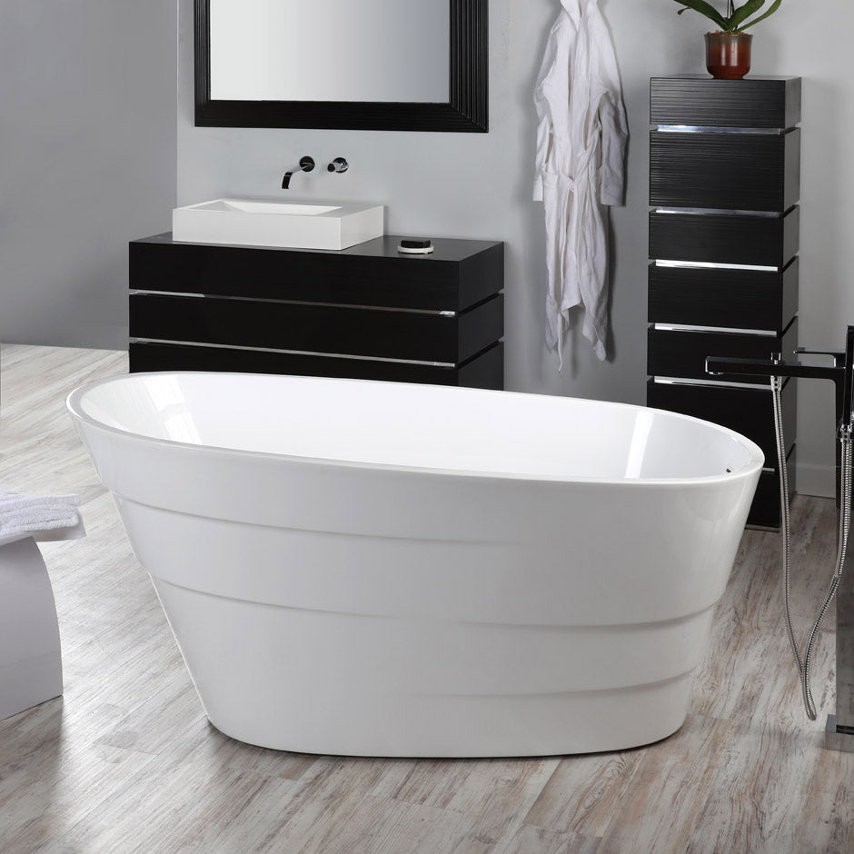 Free-standing soaking bathtub made of luster white acrylic with an overflow and polished chrome drain, net weight 88 lbs, water capacity 62 gal. W: 59", D: 31 1/2", H: 28 3/8".