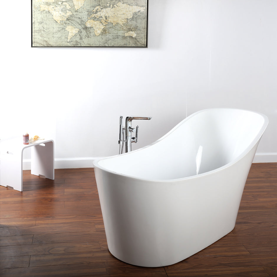 Free-standing soaking bathtub made of luster white acrylic with an overflow and polished chrome drain, net weight 135 lbs, water capacity 73 gal. W: 67", D: 27 1/4", H: 33".