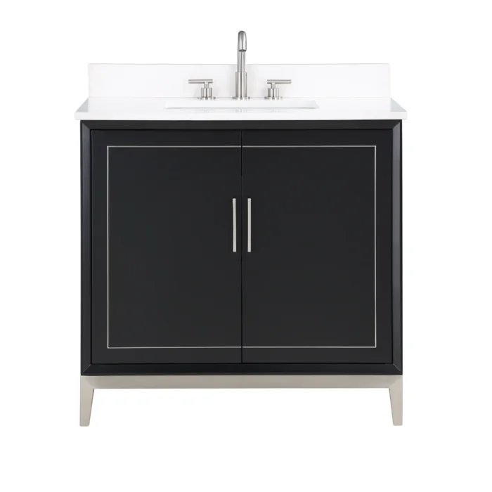 Gracie 36" Bathroom Vanity, Black with White Quartz top Brushed Nickel Trim