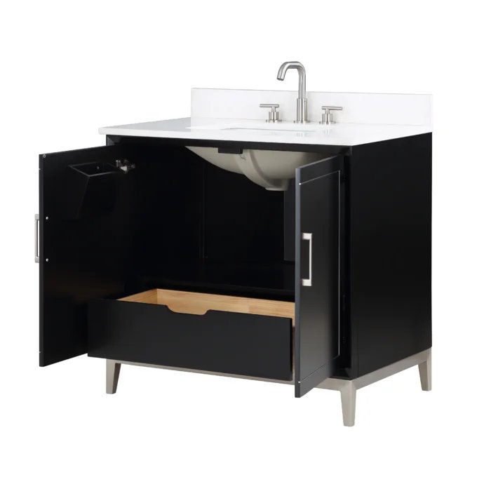 Gracie 36" Bathroom Vanity, Black with White Quartz top Brushed Nickel Trim