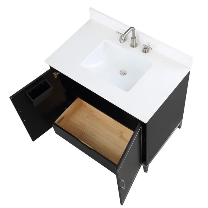 Gracie 36" Bathroom Vanity, Black with White Quartz top Brushed Nickel Trim