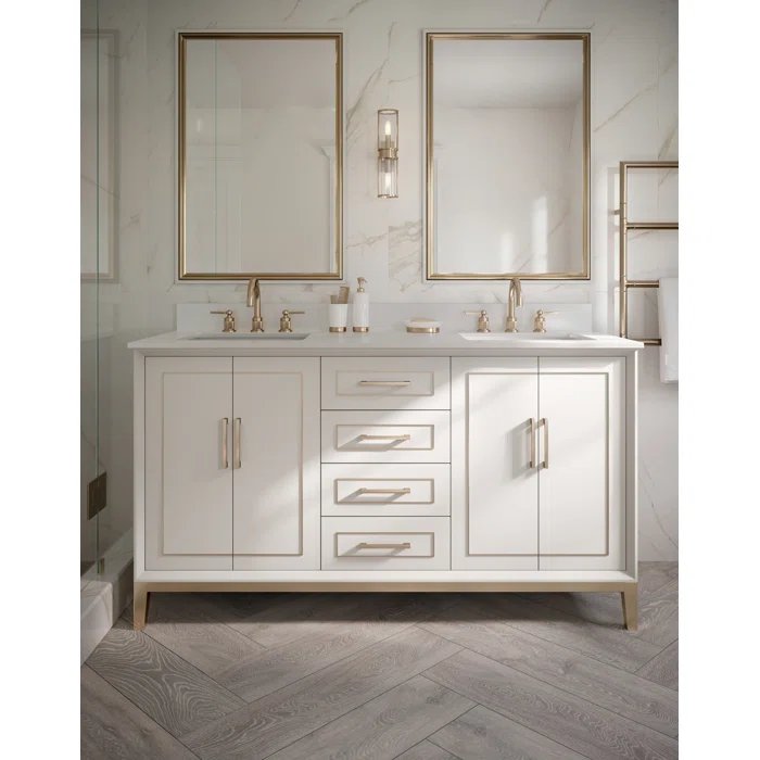 Gracie 60" Bathroom Vanity, White with White Quartz top