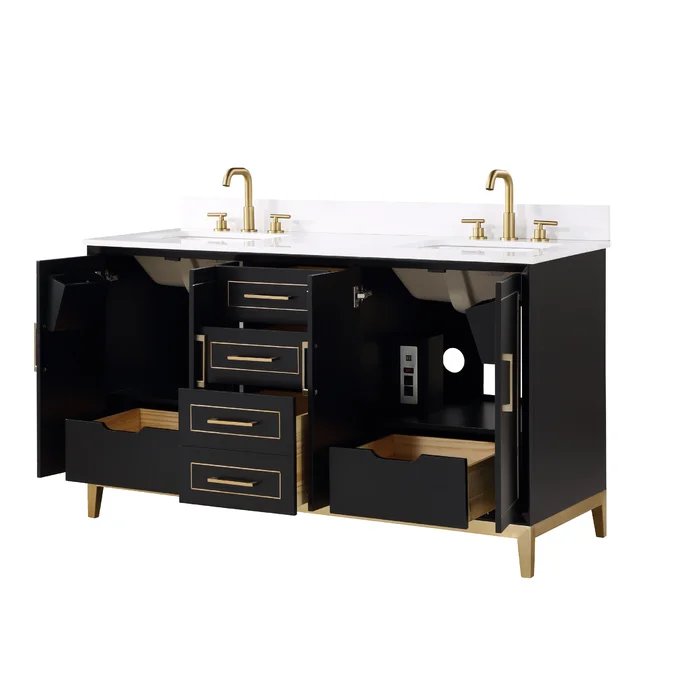 Gracie 60" Bathroom Vanity, Black with White Quartz top