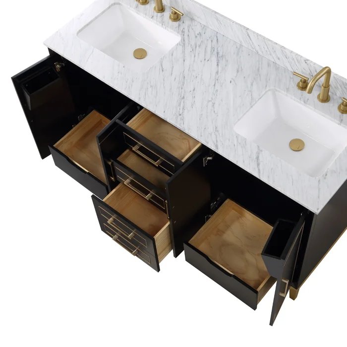 Gracie 60" Bathroom Vanity, Black with Carrara Marble top