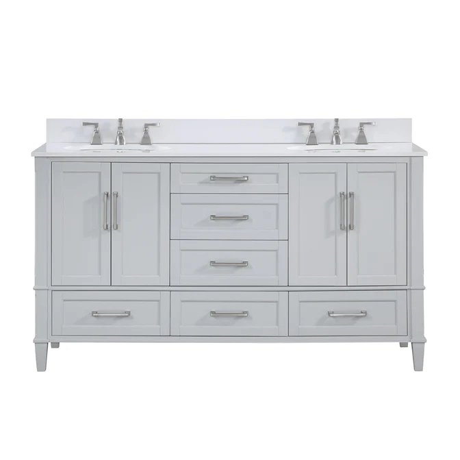 Montauk 60" Bathroom Vanity, Morning Fog Grey with White Quartz top