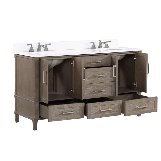 Montauk 60" Bathroom Vanity, Light Oak with White Quartz top