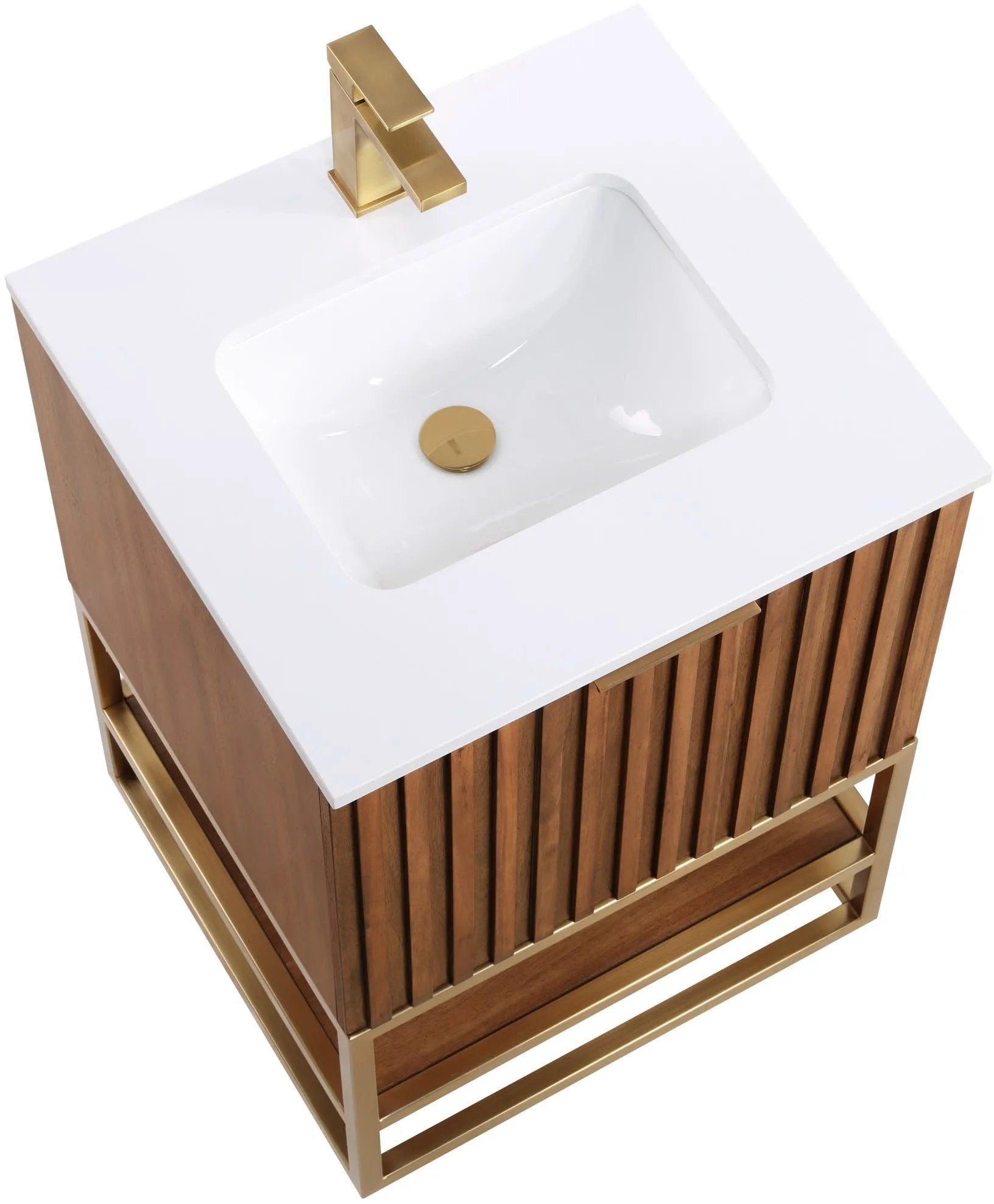 Terra 24" Bathroom Vanity, Walnut and Satin Brass with White Quartz top