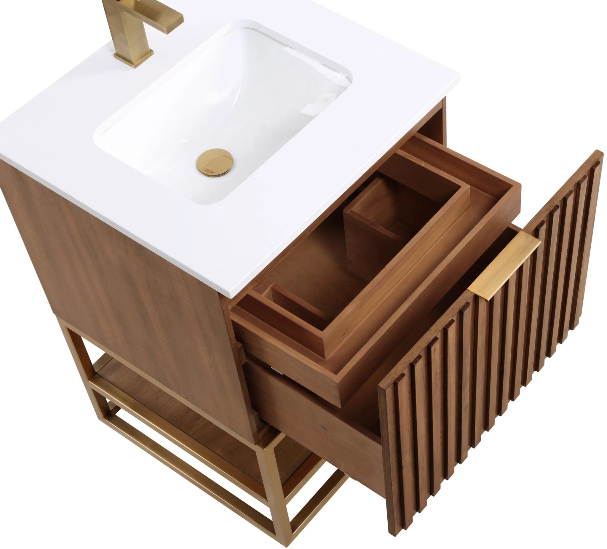 Terra 24" Bathroom Vanity, Walnut and Satin Brass with White Quartz top