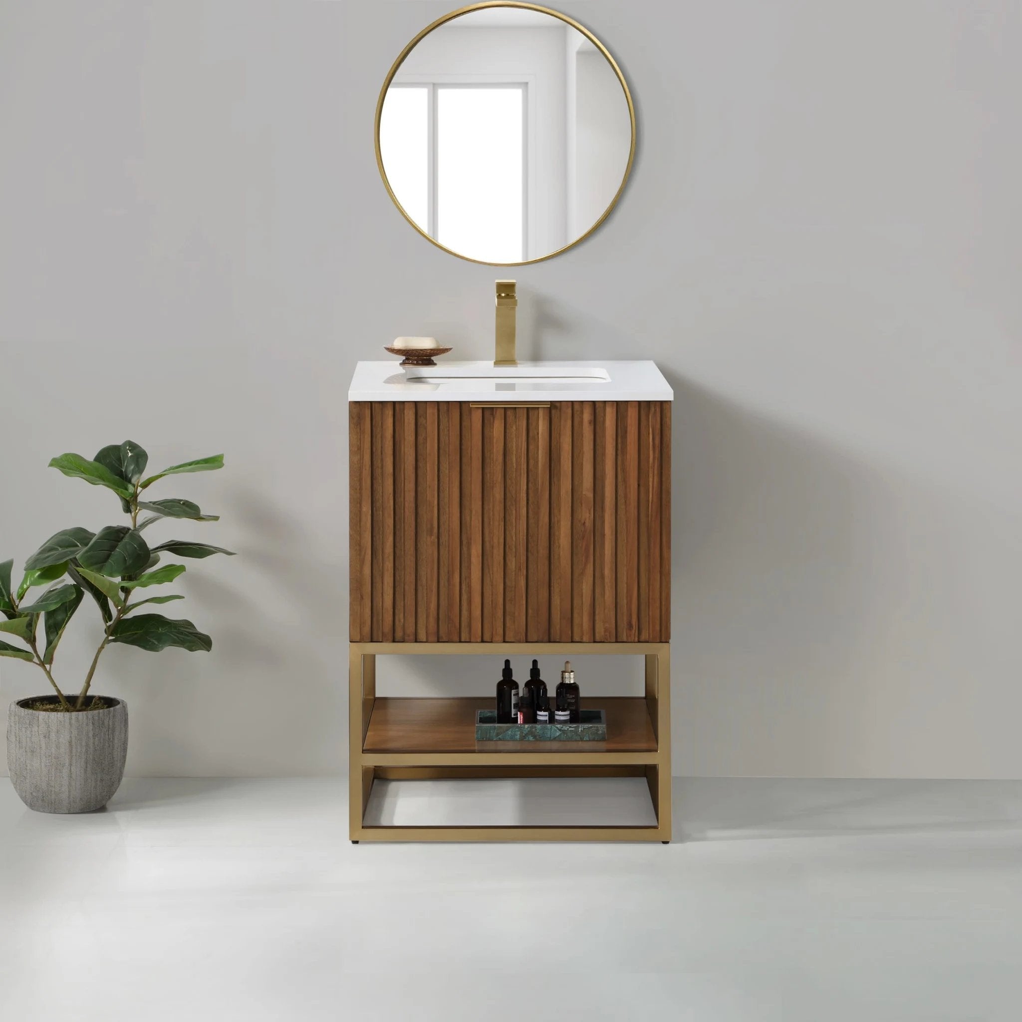 Terra 24" Bathroom Vanity, Walnut and Satin Brass with White Quartz top