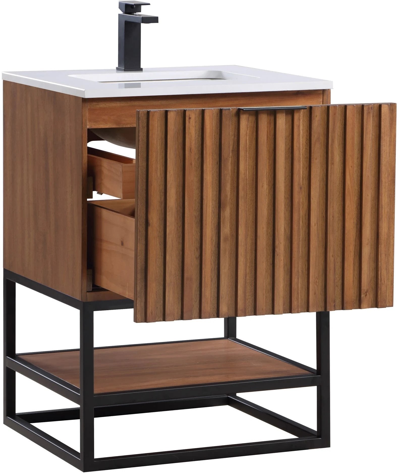 Terra 24" Bathroom Vanity, Walnut and Matte Black with White Quartz top