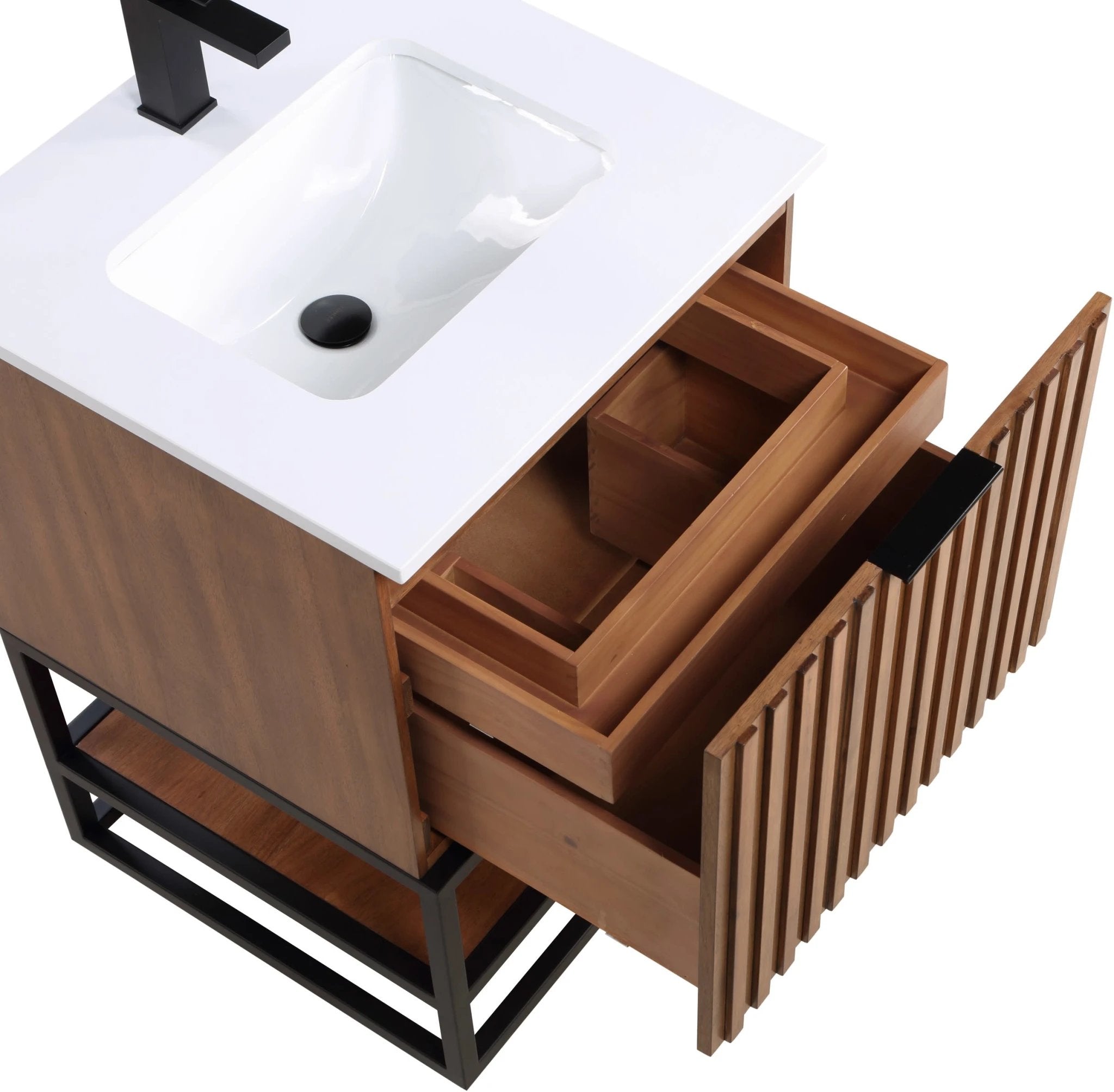 Terra 24" Bathroom Vanity, Walnut and Matte Black with White Quartz top