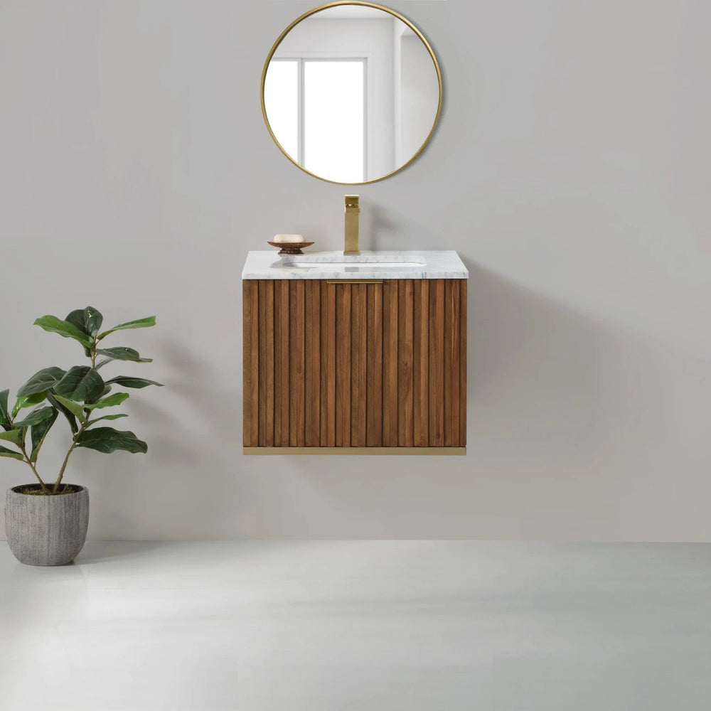 Terra 24" Wallmount Bathroom Vanity, Walnut and Satin Brass with Carrara Marble