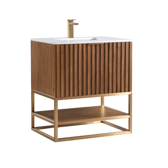 Terra 30" Bathroom Vanity, Walnut and Satin Brass with White Quartz top