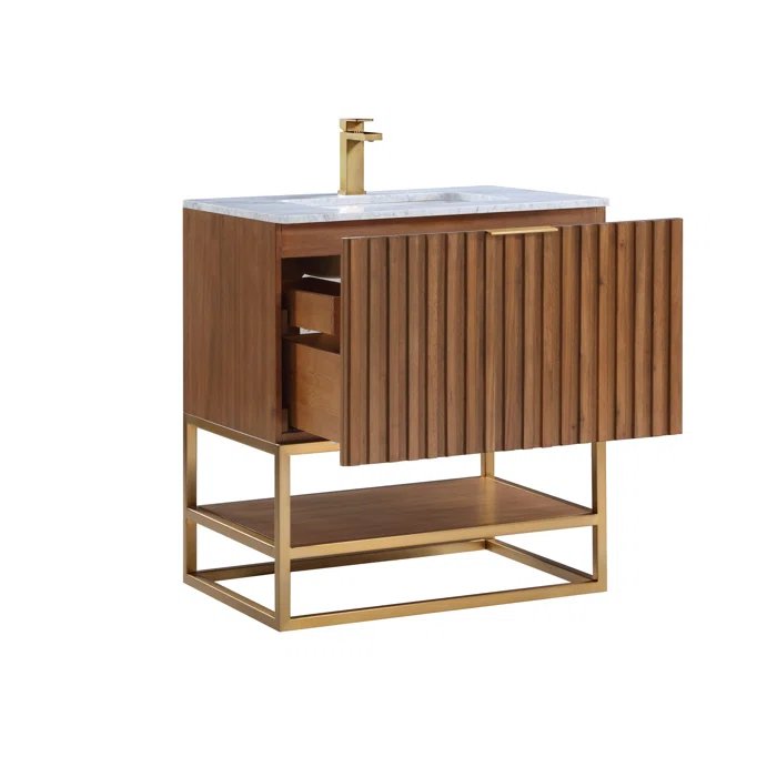 Terra 30" Bathroom Vanity, Walnut and Satin Brass with Carrara Marble top