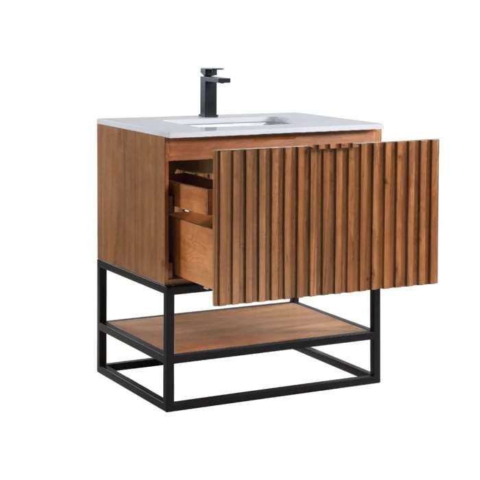 Terra 30" Bathroom Vanity, Walnut and Matte Black with White Quartz top