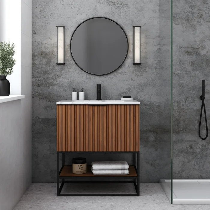 Terra 30" Bathroom Vanity, Walnut and Matte Black with Carrara Marble top