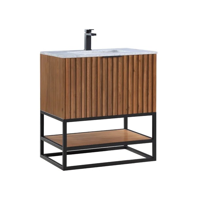 Terra 30" Bathroom Vanity, Walnut and Matte Black with Carrara Marble top