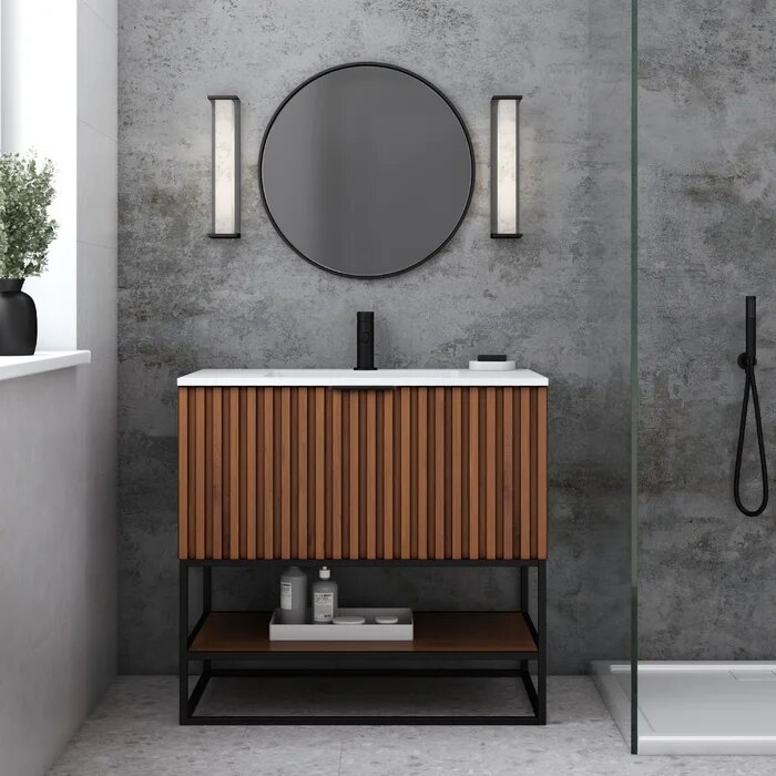 Terra 36" Bathroom Vanity, Walnut and Matte Black with White Quartz top