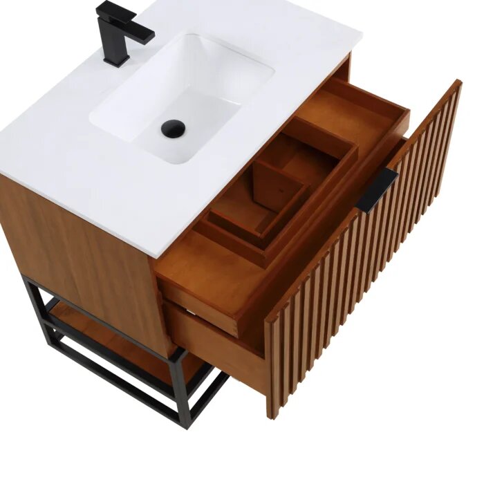 Terra 36" Bathroom Vanity, Walnut and Matte Black with White Quartz top