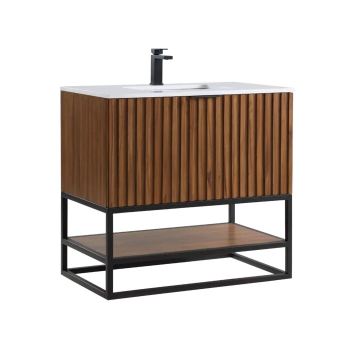 Terra 36" Bathroom Vanity, Walnut and Matte Black with White Quartz top