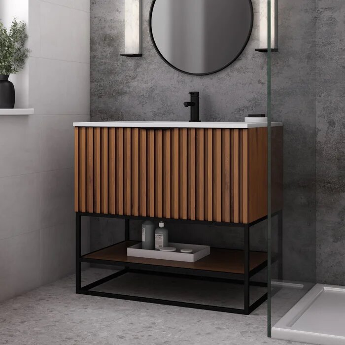 Terra 36" Bathroom Vanity, Walnut and Matte Black with White Quartz top