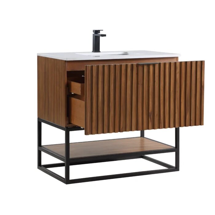 Terra 36" Bathroom Vanity, Walnut and Matte Black with White Quartz top