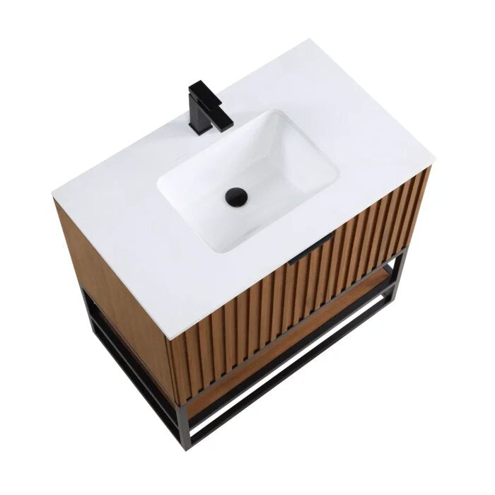 Terra 36" Bathroom Vanity, Walnut and Matte Black with White Quartz top