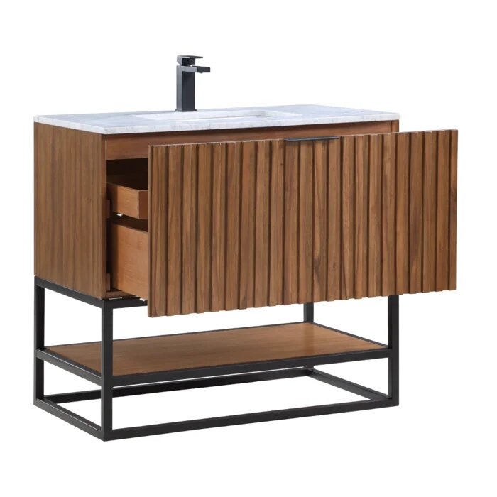 Terra 36" Bathroom Vanity, Walnut and Matte Black with Carrara Marble top